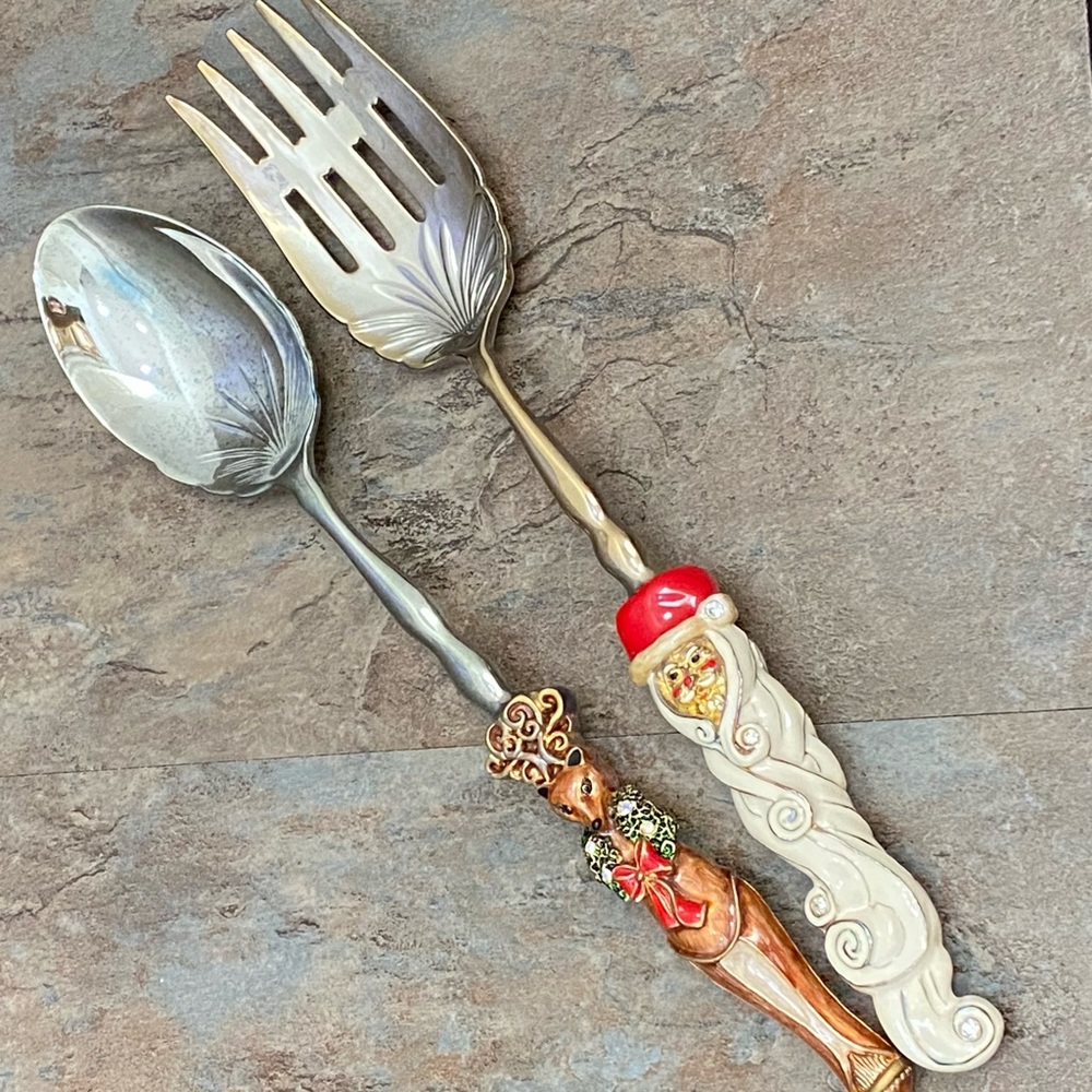 Vintage 2 SAINT Enameled Christmas Santa & Fox Serving Spoon & Fork Set